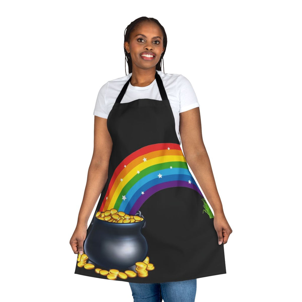 Vibrant rainbow-themed apron with a pot of gold design, inspired by the Irish legend of a treasure at the end of the rainbow.