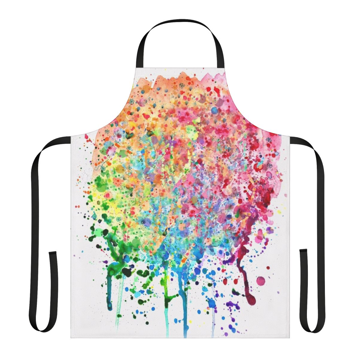 A vibrant, abstract rainbow paint splatter pattern on an apron