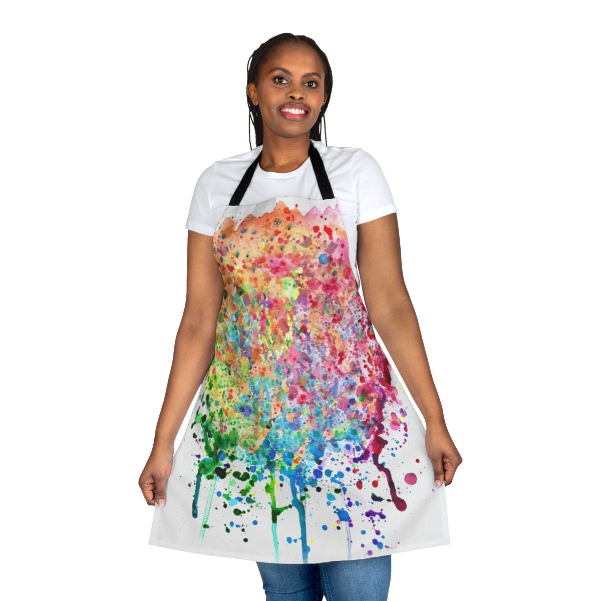 A vibrant, abstract rainbow paint splatter pattern on an apron