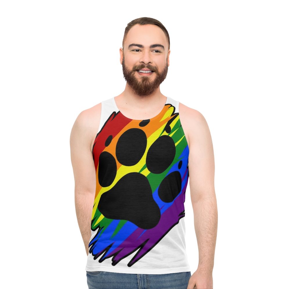 Colorful rainbow paint splatter pattern on unisex tank top