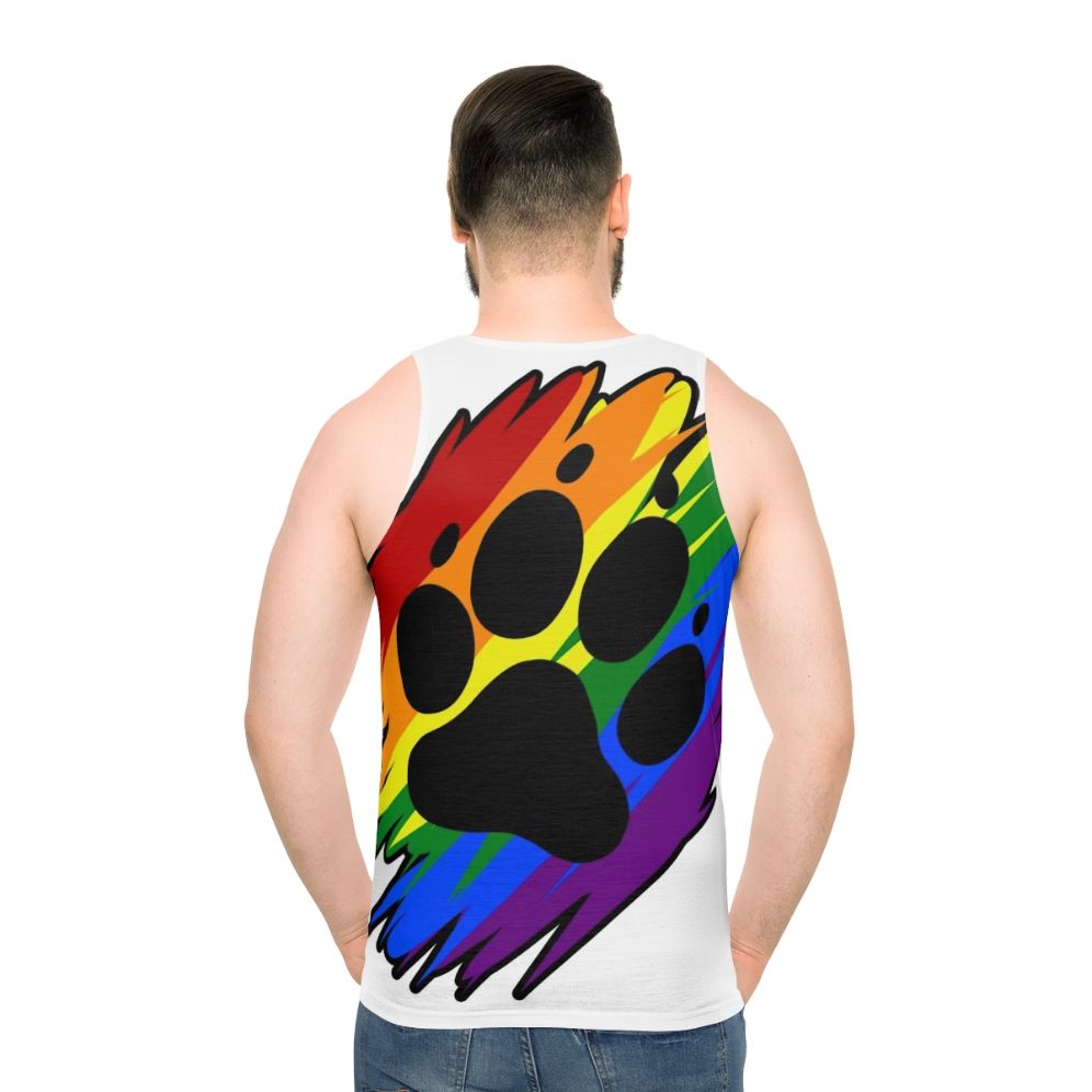 Colorful rainbow paint splatter pattern on unisex tank top