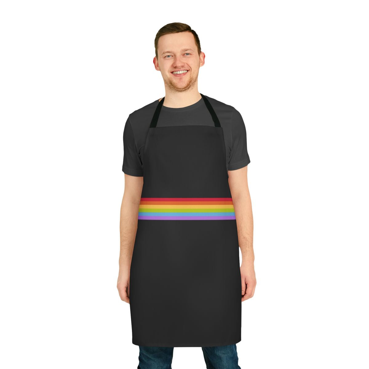 Vibrant rainbow-striped apron with a chest stripe design, perfect for LGBTQ+ pride events and celebrations.
