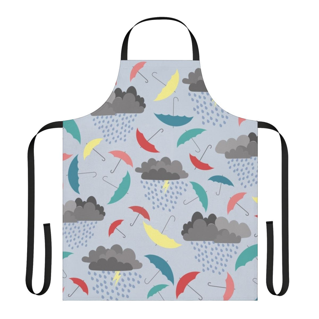 A vibrant apron featuring a playful rain pattern, perfect for kids on a rainy spring day.
