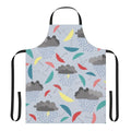 A vibrant apron featuring a playful rain pattern, perfect for kids on a rainy spring day.