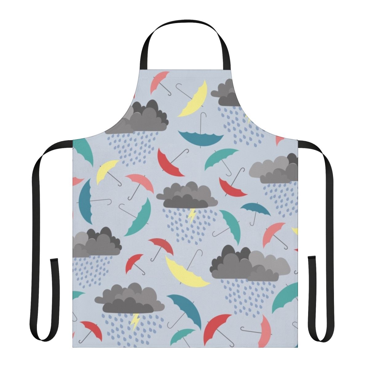 A vibrant apron featuring a playful rain pattern, perfect for kids on a rainy spring day.