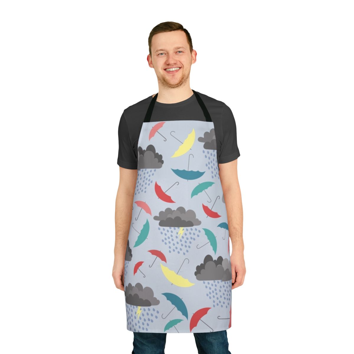 A vibrant apron featuring a playful rain pattern, perfect for kids on a rainy spring day.