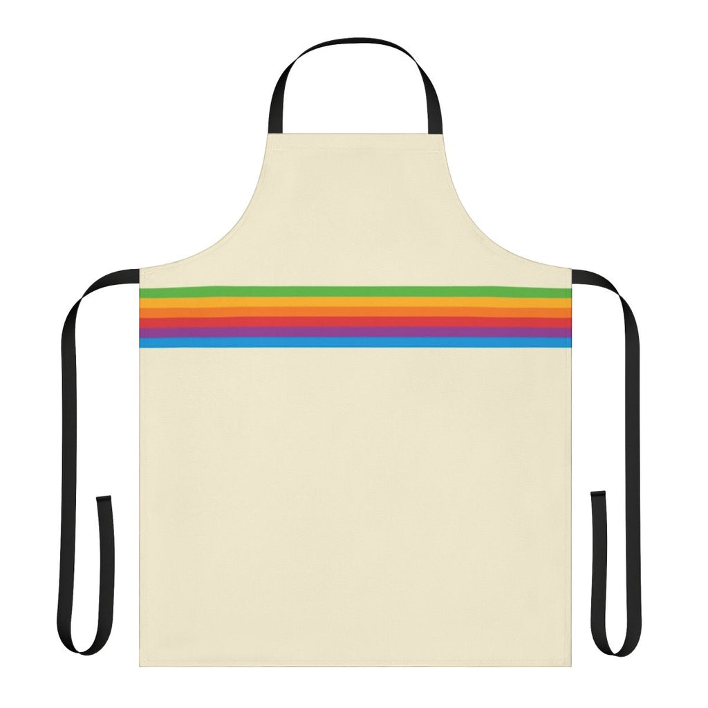 A vibrant, retro-style apron featuring a geometric rainbow apple design.