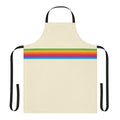 A vibrant, retro-style apron featuring a geometric rainbow apple design.