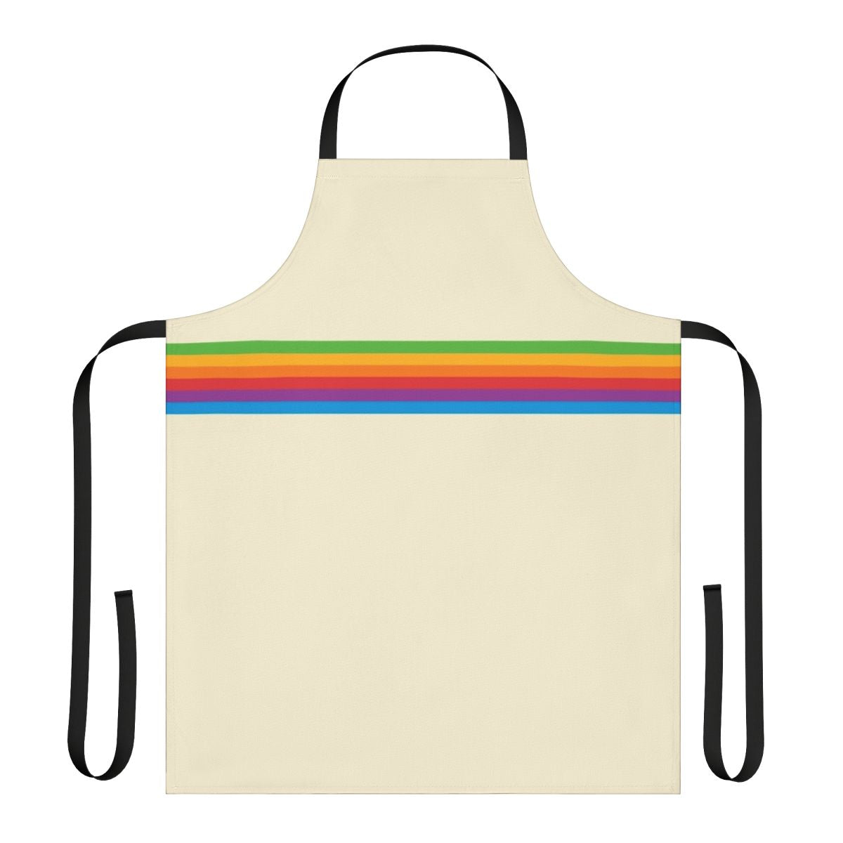 A vibrant, retro-style apron featuring a geometric rainbow apple design.