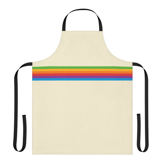 A vibrant, retro-style apron featuring a geometric rainbow apple design.