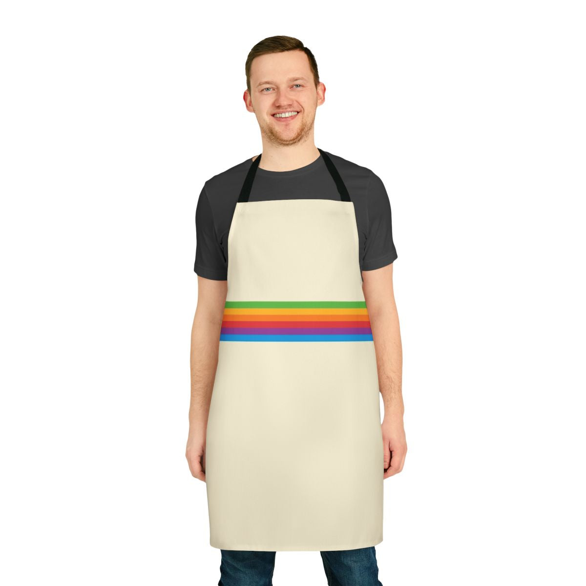 A vibrant, retro-style apron featuring a geometric rainbow apple design.