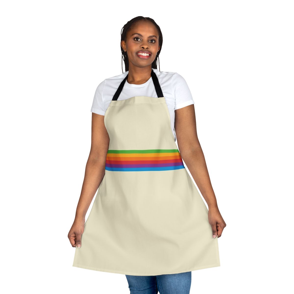 A vibrant, retro-style apron featuring a geometric rainbow apple design.