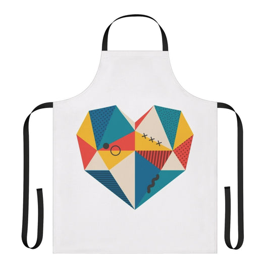 Vibrant retro-style apron featuring a heart-shaped geometric pattern in a variety of colors