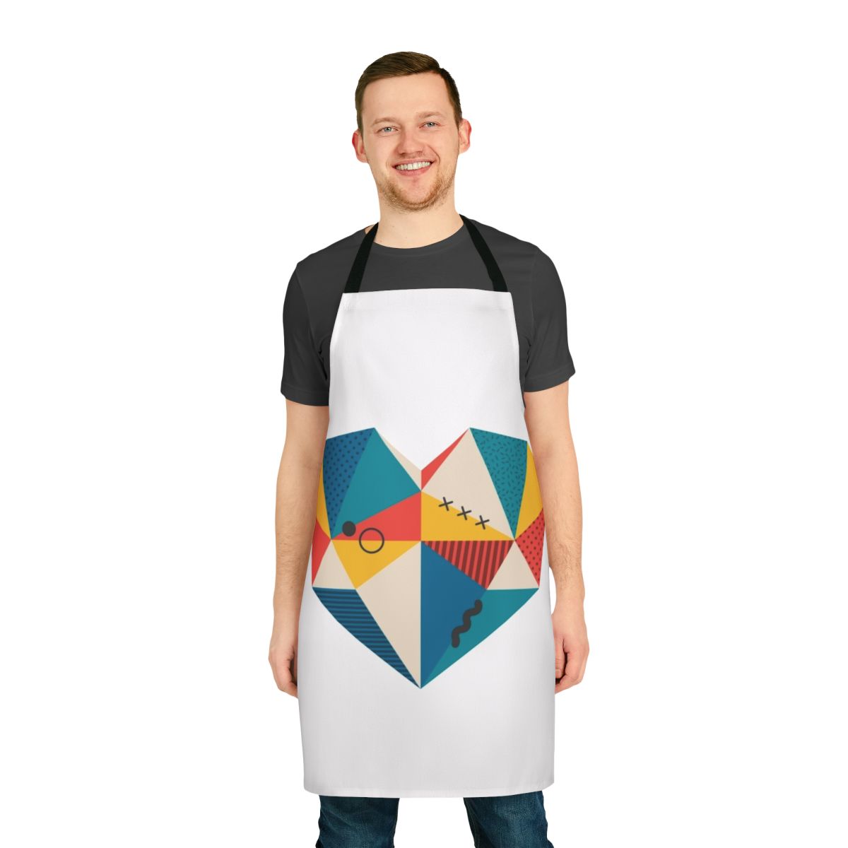 Vibrant retro-style apron featuring a heart-shaped geometric pattern in a variety of colors