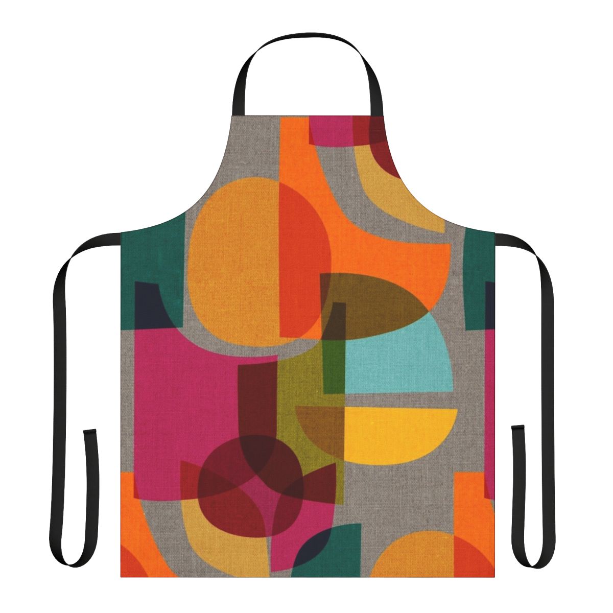 Vibrant multicolor apron with a mid-century modern, Scandinavian-inspired geometric kaleidoscope pattern.