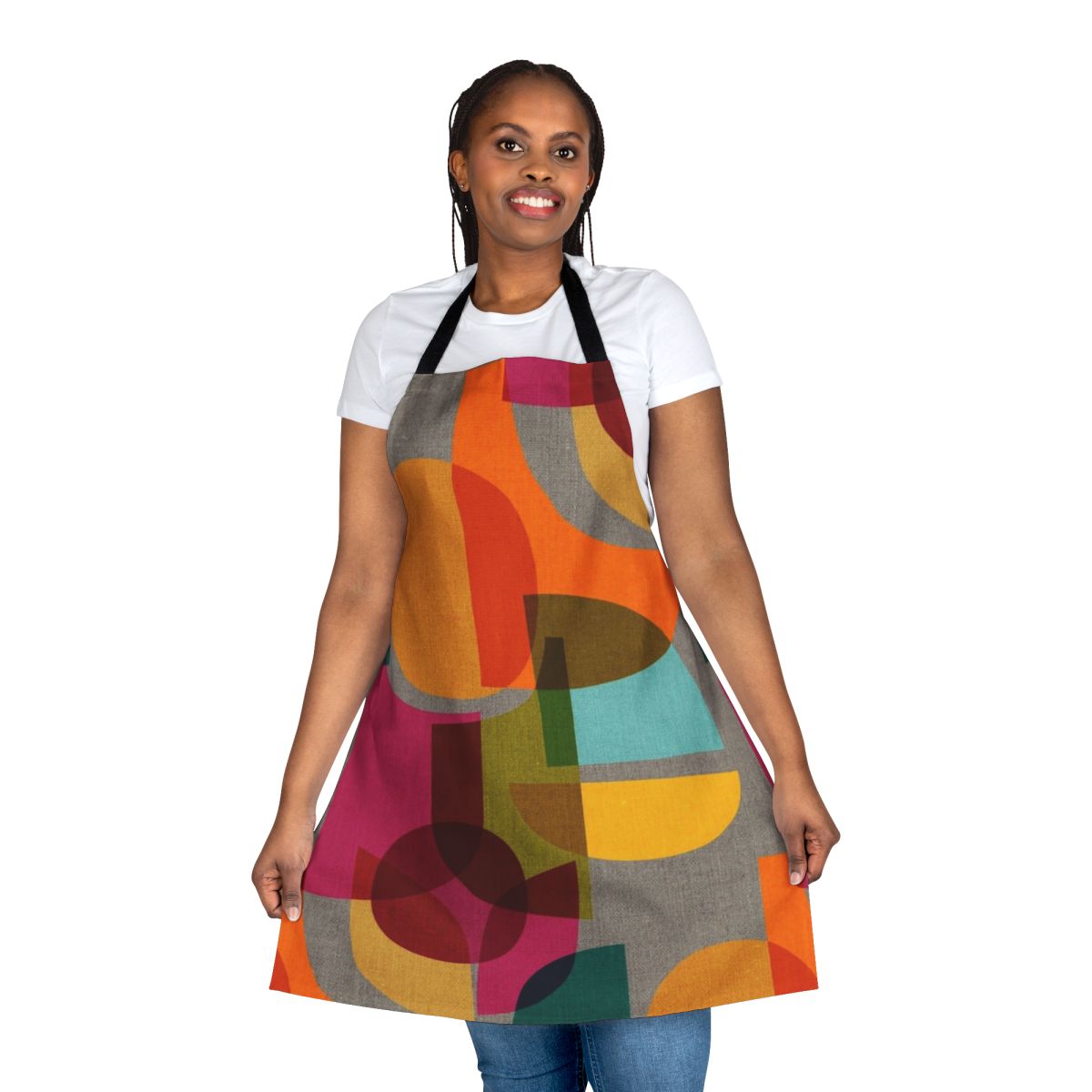 Vibrant multicolor apron with a mid-century modern, Scandinavian-inspired geometric kaleidoscope pattern.