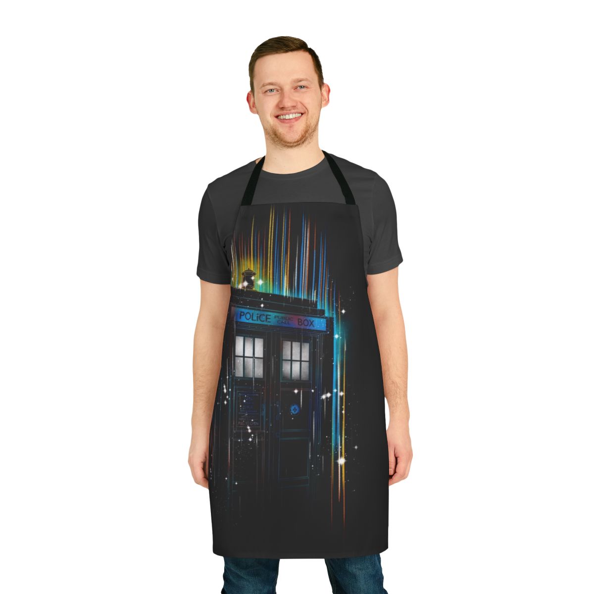 Colorful apron featuring a Doctor Who-inspired regeneration design