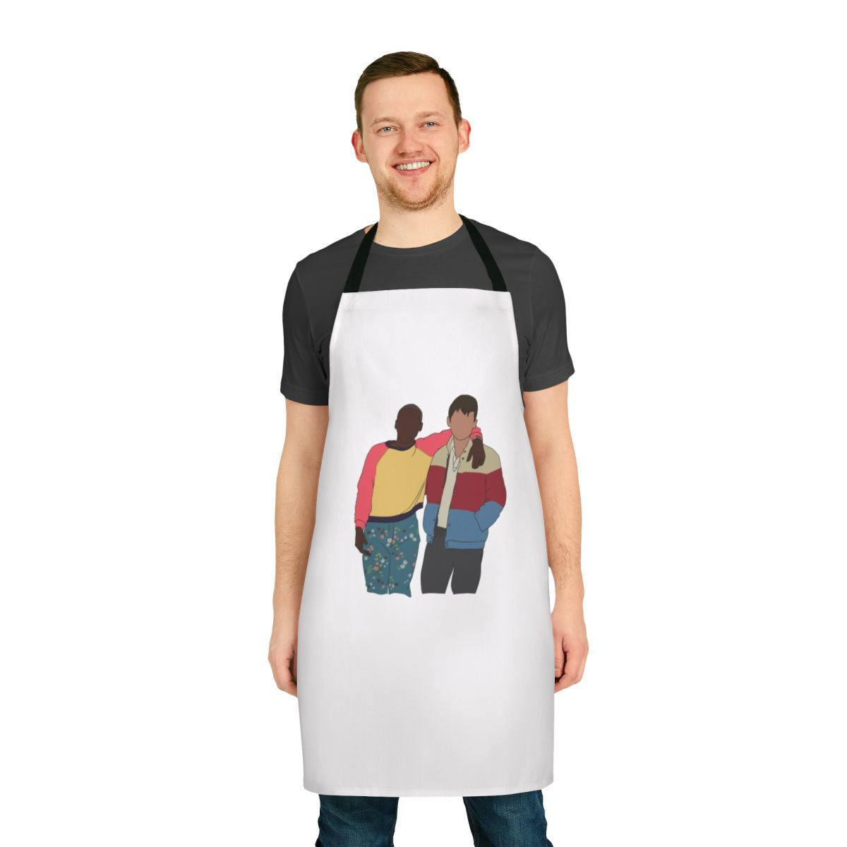 Colorful sex education themed apron with vibrant cartoon illustration