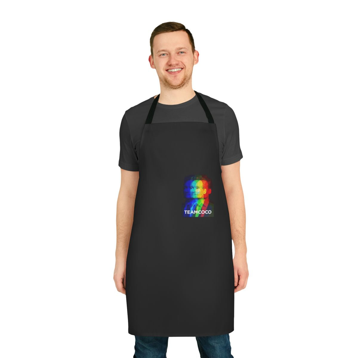 Colorful spectrum apron featuring a vibrant rainbow design inspired by Team Coco