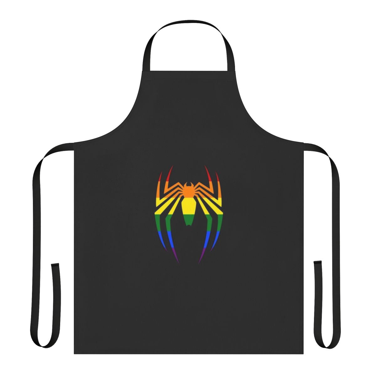 Vibrant apron featuring a stylized spider symbol in a rainbow color palette