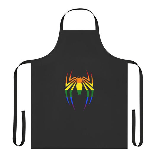 Vibrant apron featuring a stylized spider symbol in a rainbow color palette