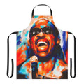 Vibrant retro-style apron featuring a portrait of legendary soul and funk musician Stevie Wonder