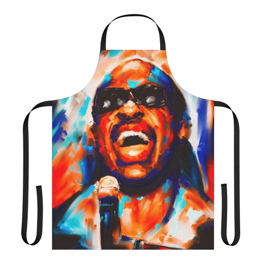 Vibrant retro-style apron featuring a portrait of legendary soul and funk musician Stevie Wonder