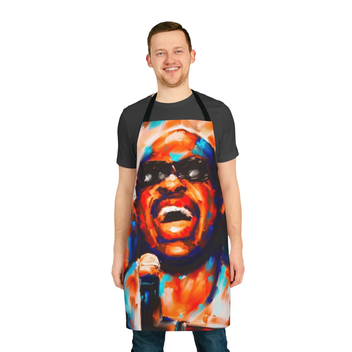 Vibrant retro-style apron featuring a portrait of legendary soul and funk musician Stevie Wonder