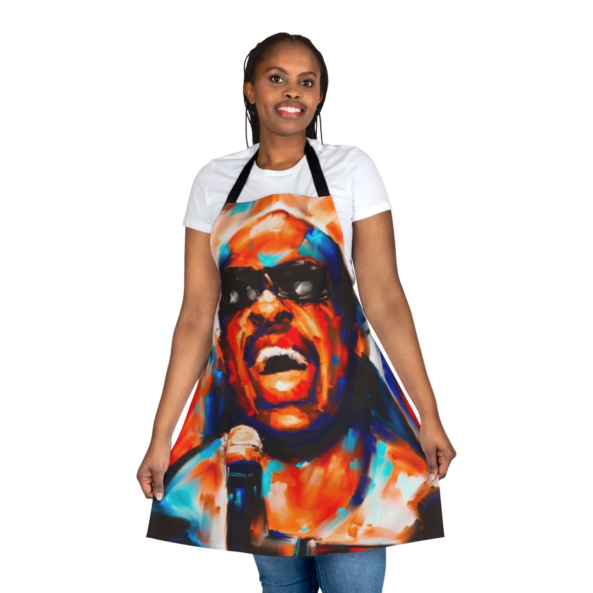 Vibrant retro-style apron featuring a portrait of legendary soul and funk musician Stevie Wonder
