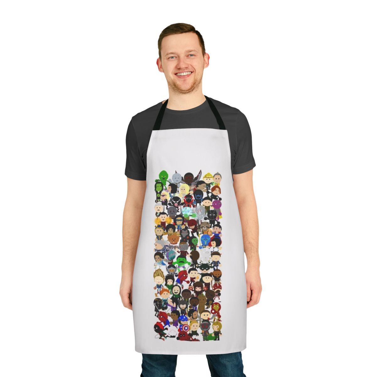 Colorful apron with superhero design and character for children to wear during playtime and dress-up activities