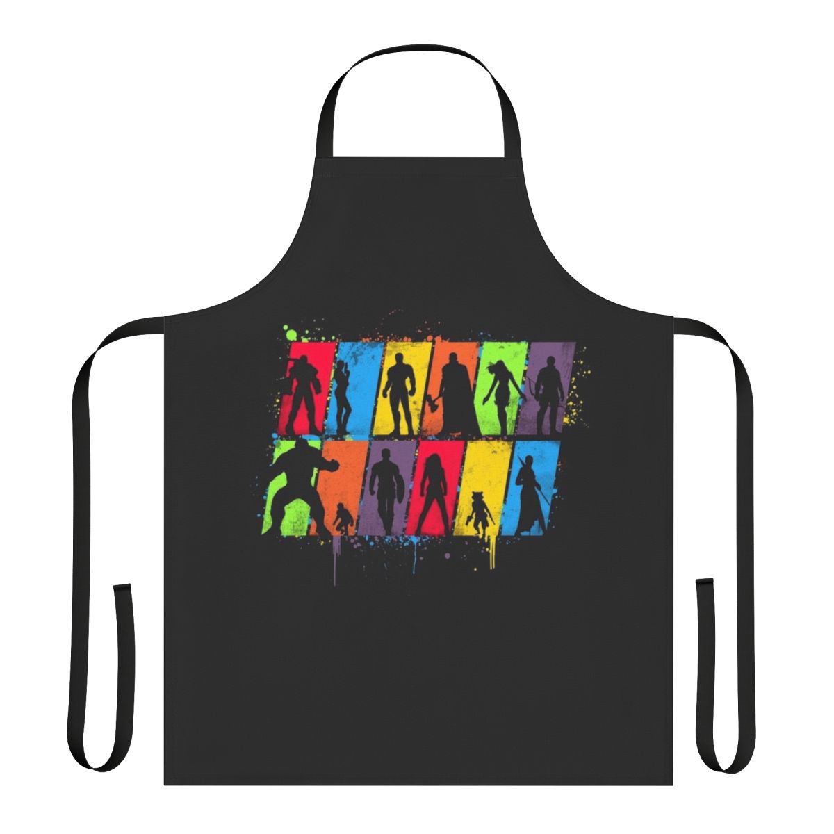 Vibrant neon silhouette of a superhero on a colorful shirt apron, designed for COVID-19 protection.