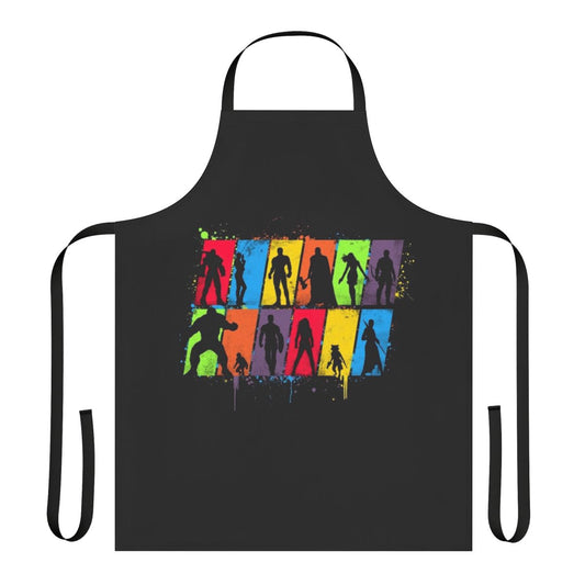 Vibrant neon silhouette of a superhero on a colorful shirt apron, designed for COVID-19 protection.