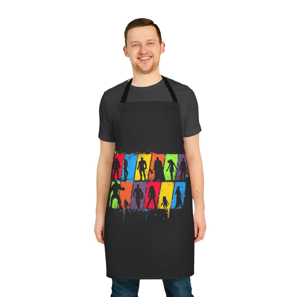 Vibrant neon silhouette of a superhero on a colorful shirt apron, designed for COVID-19 protection.