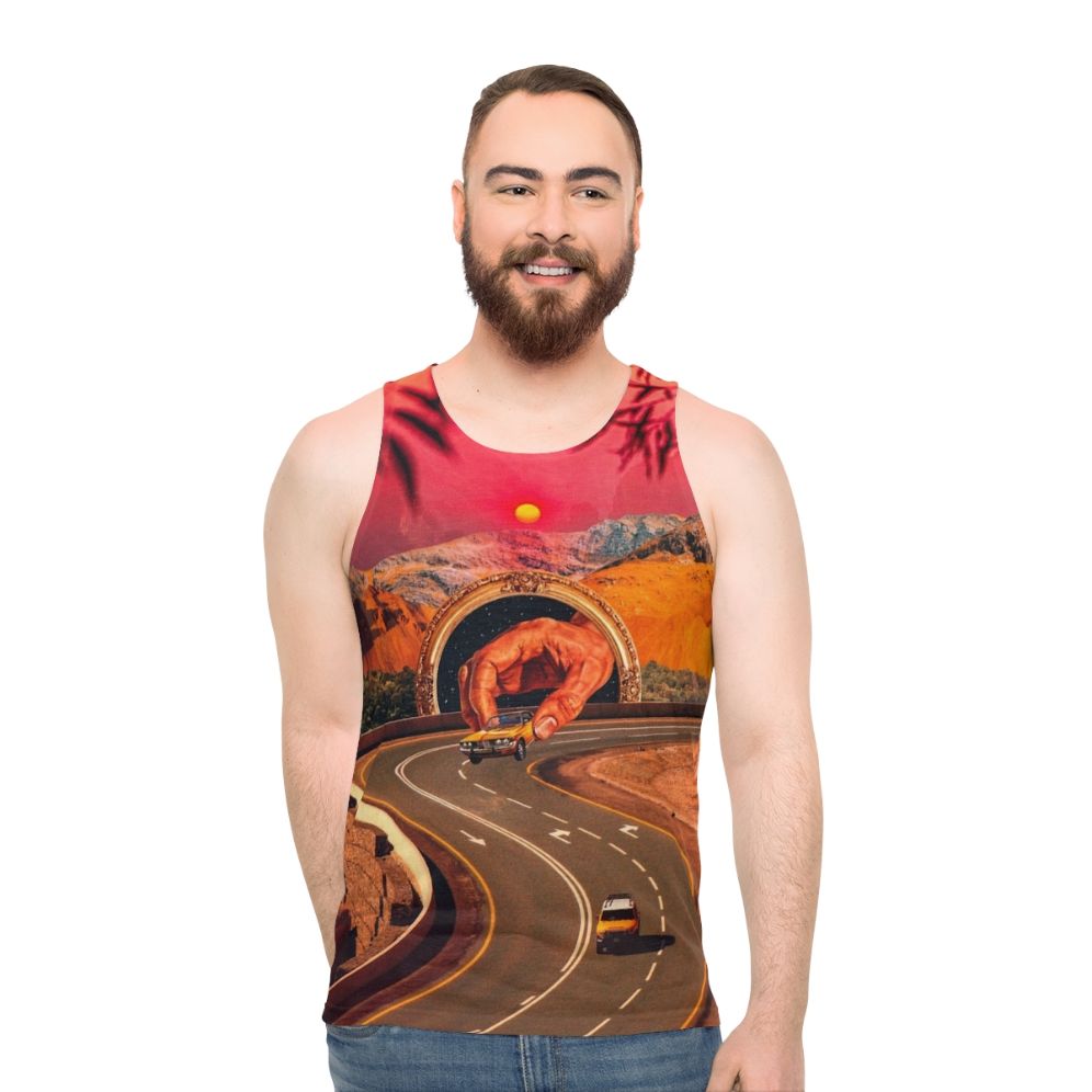 Colorful surreal unisex tank top with retro futuristic design featuring cars and space elements