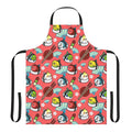 A colorful apron featuring a sushi design and a cute lovebird character