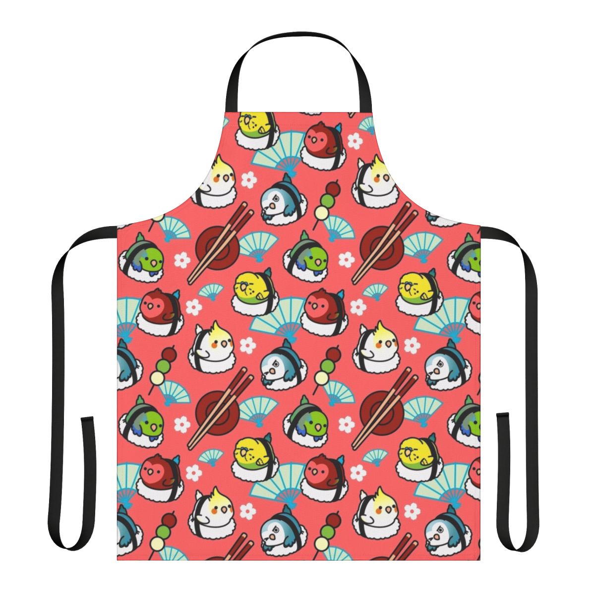 A colorful apron featuring a sushi design and a cute lovebird character