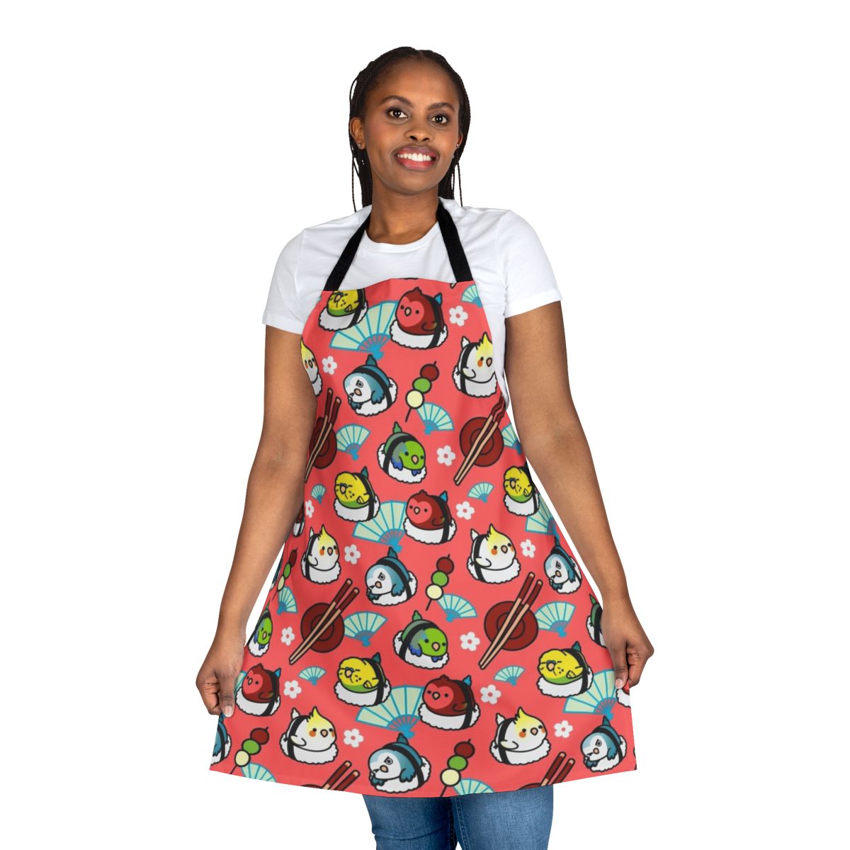 A colorful apron featuring a sushi design and a cute lovebird character