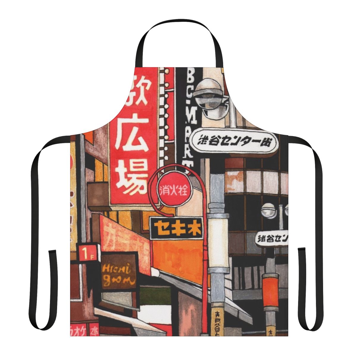 Vibrant apron featuring Tokyo street signs and neon lights design