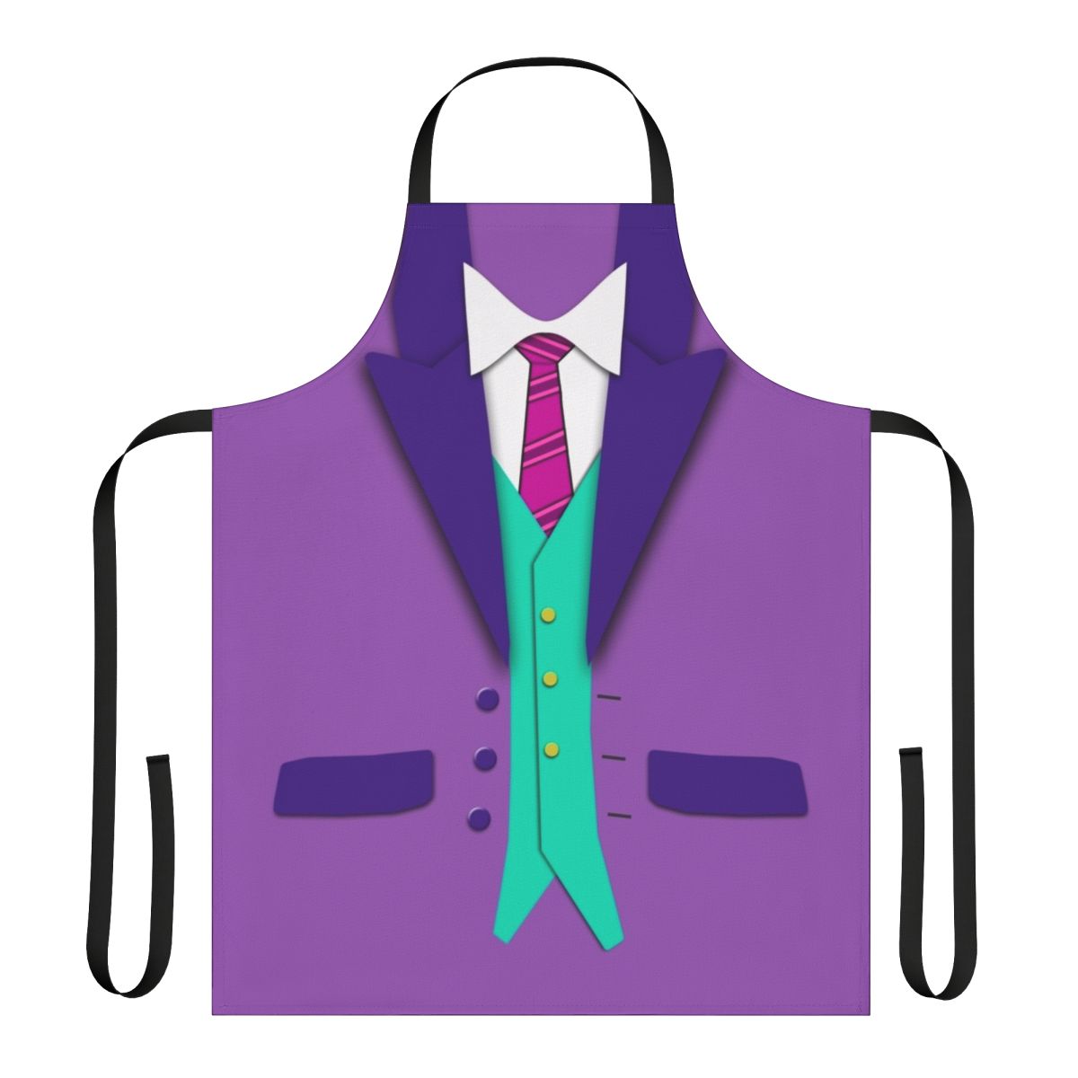 A colorful apron designed to look like a formal suit, vest, and tie ensemble
