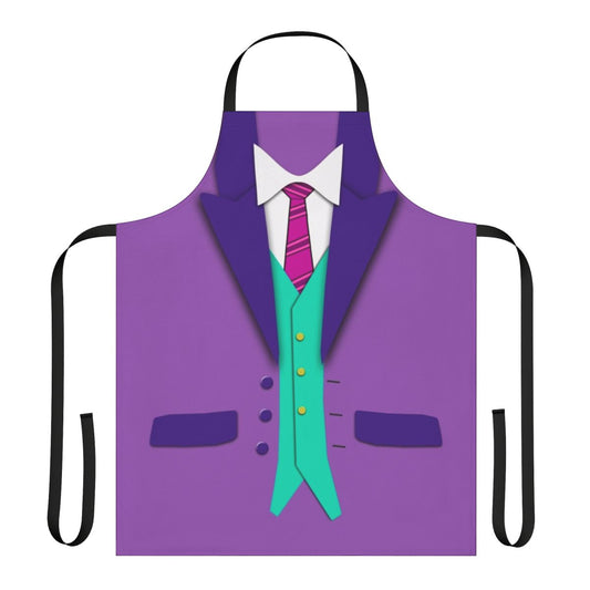 A colorful apron designed to look like a formal suit, vest, and tie ensemble