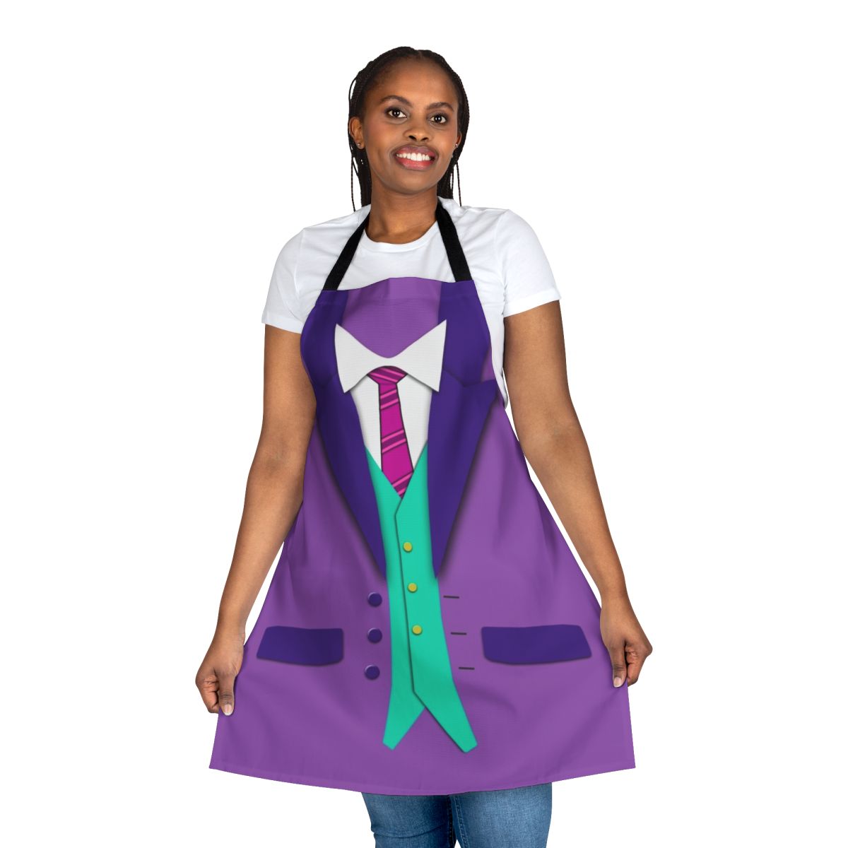 A colorful apron designed to look like a formal suit, vest, and tie ensemble