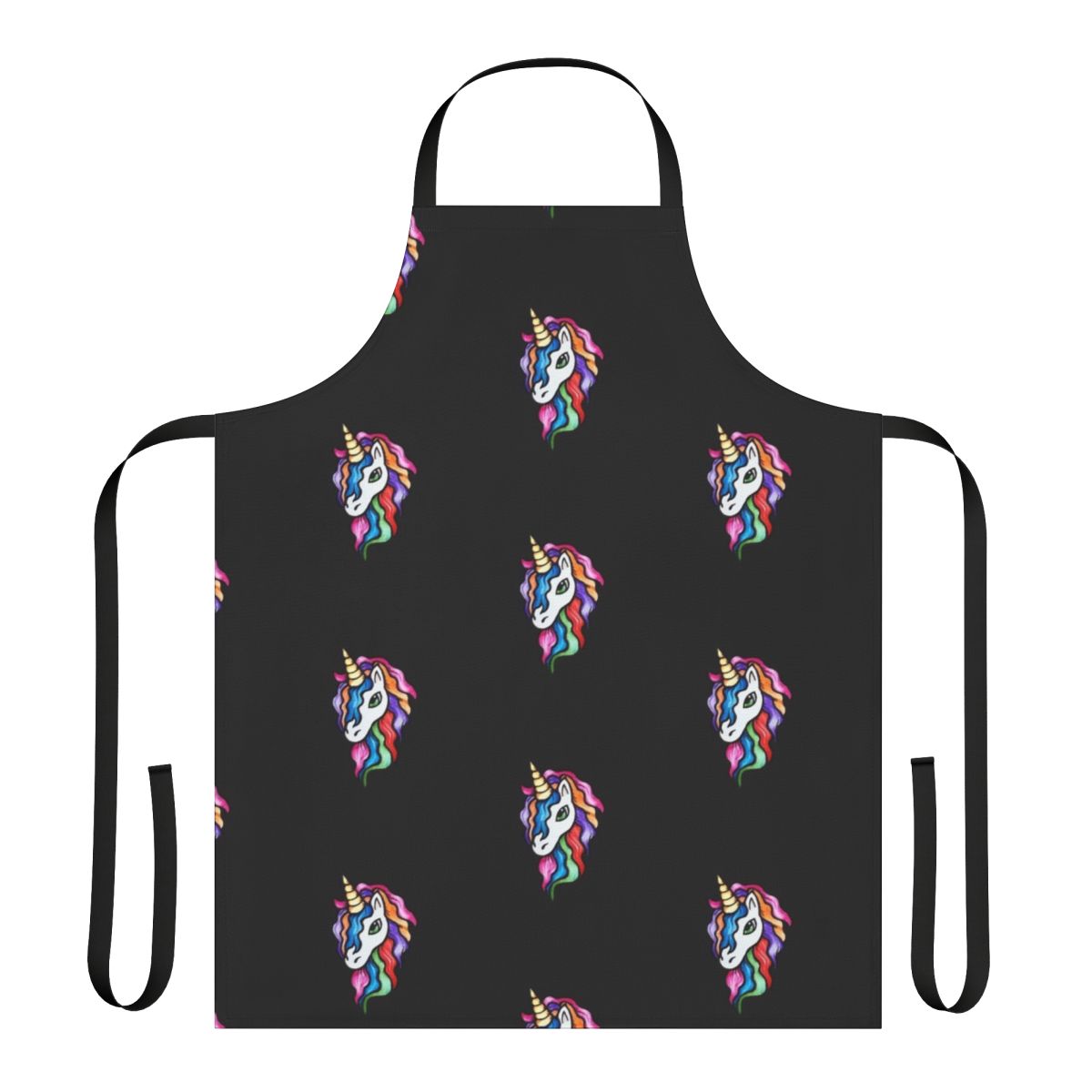 Vibrant rainbow-colored apron featuring a whimsical unicorn design