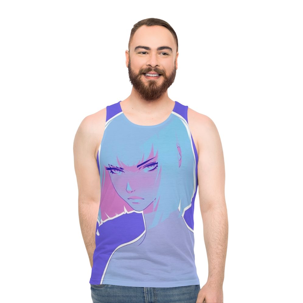 Colorful unisex winter tank top with anime-inspired flat design
