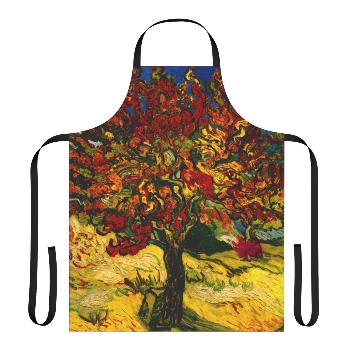 A vibrant apron featuring a print of Vincent Van Gogh's famous Mulberry Tree painting