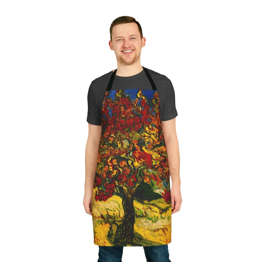A vibrant apron featuring a print of Vincent Van Gogh's famous Mulberry Tree painting