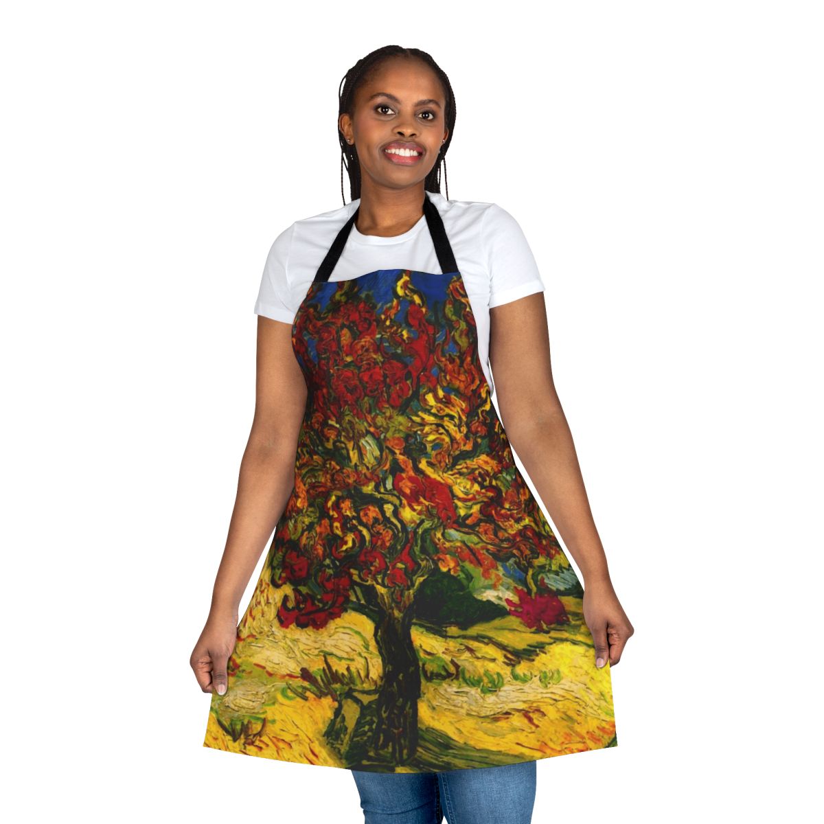 A vibrant apron featuring a print of Vincent Van Gogh's famous Mulberry Tree painting