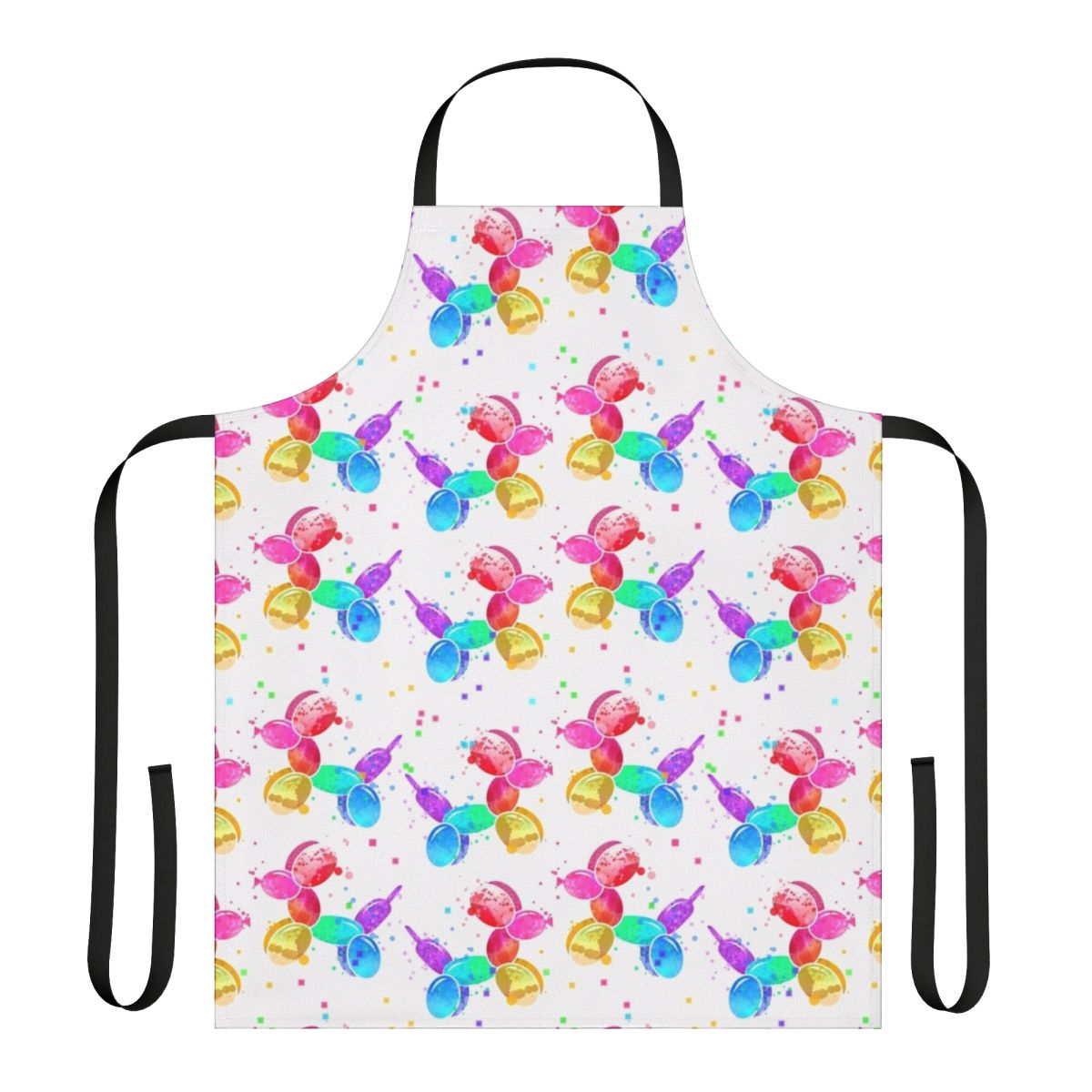 Watercolor illustration of colorful balloon dogs on a white apron