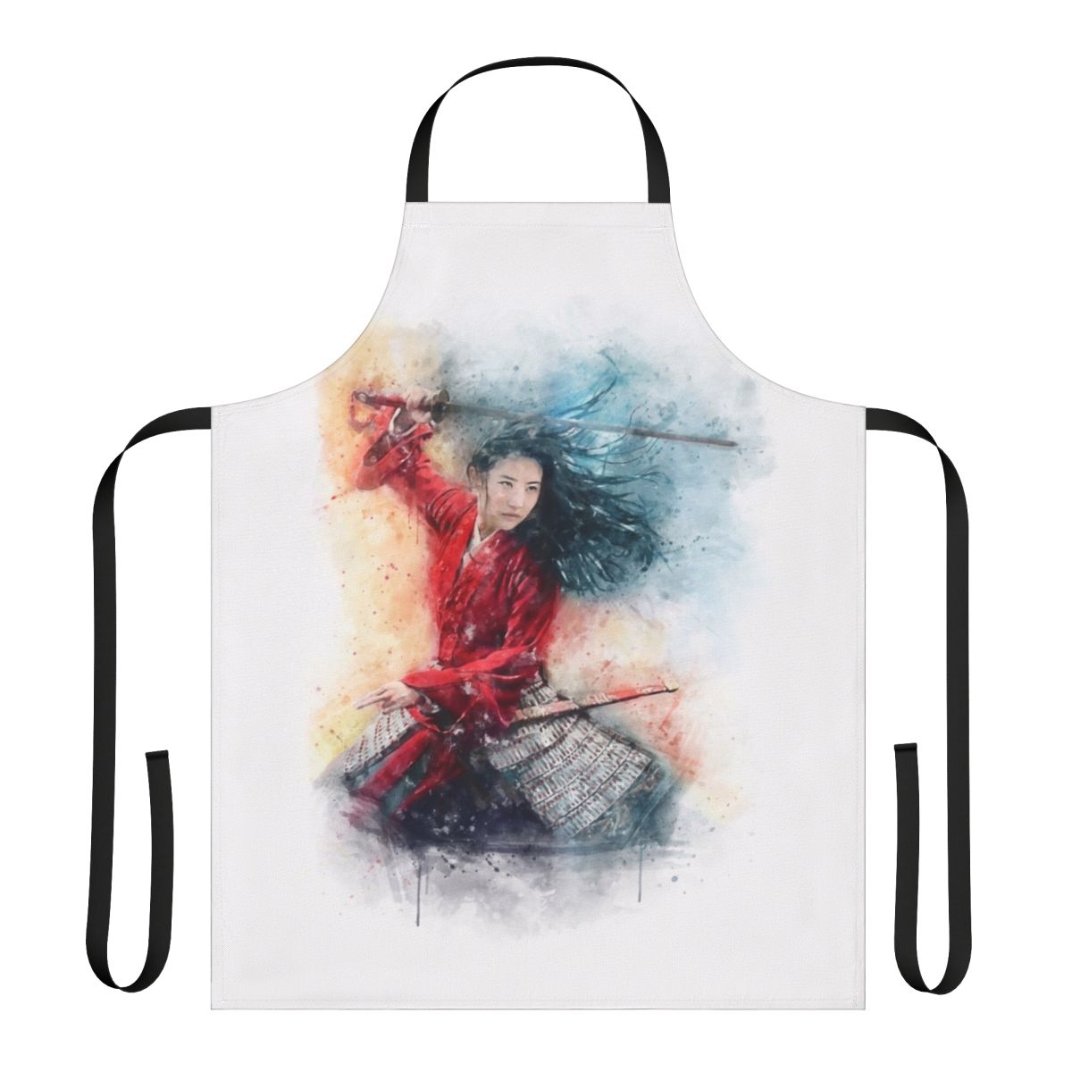 Vibrant watercolor painting of Mulan, the legendary Chinese warrior, on a high-quality apron.