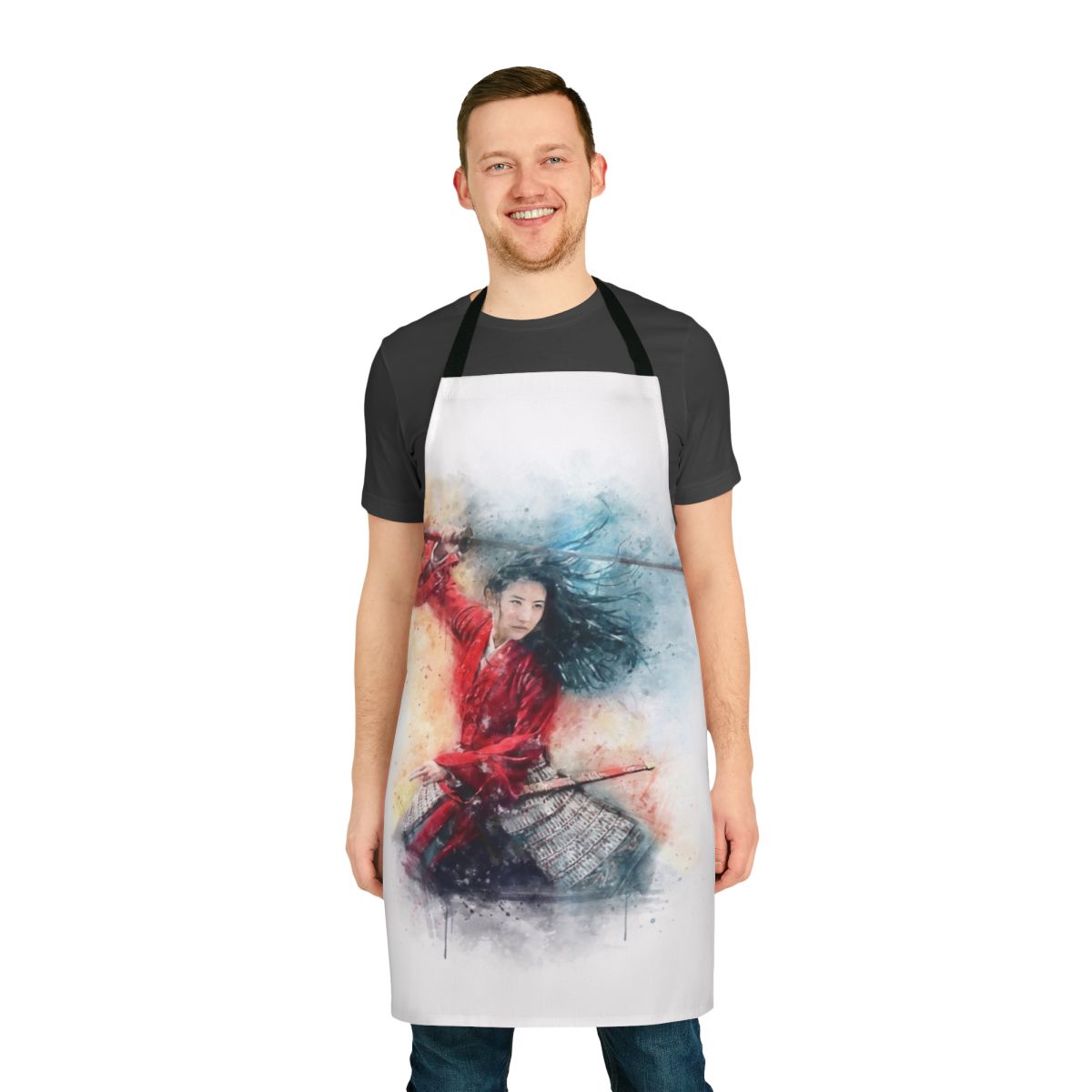 Vibrant watercolor painting of Mulan, the legendary Chinese warrior, on a high-quality apron.