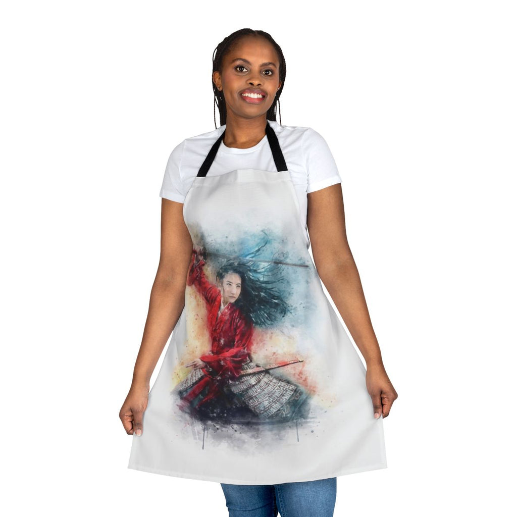 Vibrant watercolor painting of Mulan, the legendary Chinese warrior, on a high-quality apron.